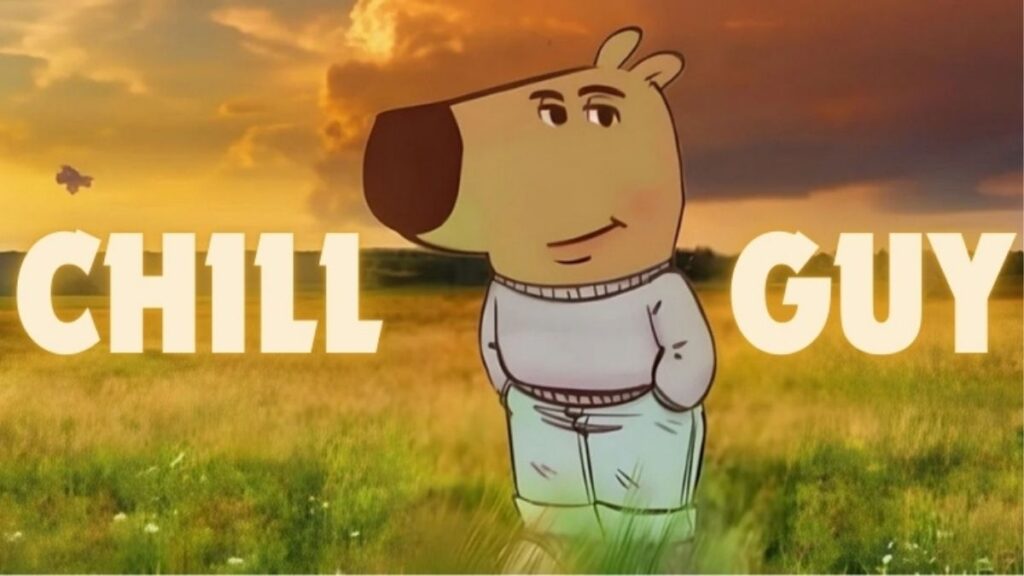 Chill Guy mặc áo len xám, quần jean xanh và giày đỏ